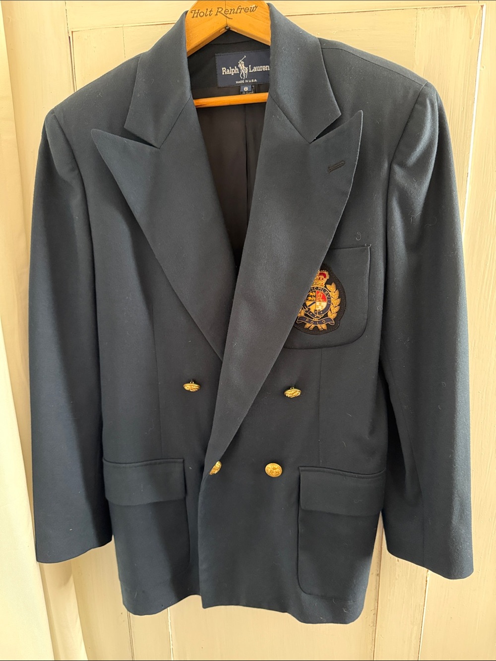 VINTAGE 🇺🇸 Ralph Lauren Navy Blue Double-Breasted Crest Blazer with Gold Buttons